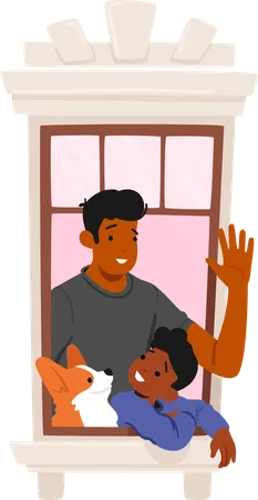 Escena conmovedora, personaje de padre e hijo, con sus rostros llenos de alegría, mirando por una ventana con su perro  Ilustración