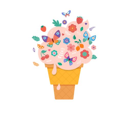 Cono de helado con flores, frutas y mariposas.  Ilustración