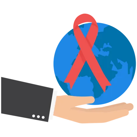 Conscientizacao Do Dia Mundial Da AIDS Perto Do Nosso Planeta Com Fita Vermelha Ilustracao Vetorial Plana Ilustração