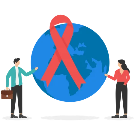 Conscientizacao Do Dia Mundial Da AIDS Perto Do Nosso Planeta Com Fita Vermelha Masculino E Feminino Ilustracao Vetorial Moderna Em Estilo Plano Ilustração
