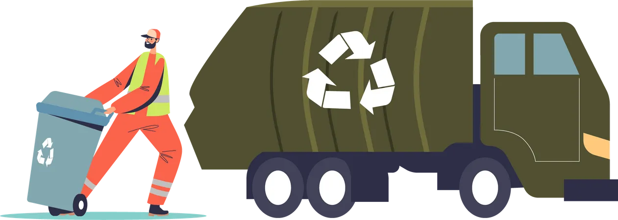 Conserje cargando contenedor de reciclaje con basura para separación  Ilustración