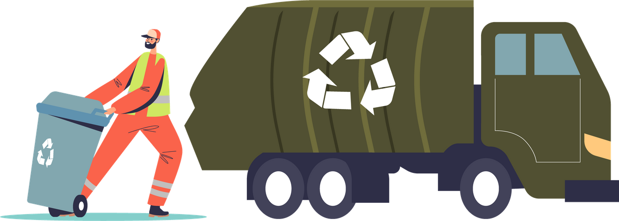 Conserje cargando contenedor de reciclaje con basura para separación  Ilustración