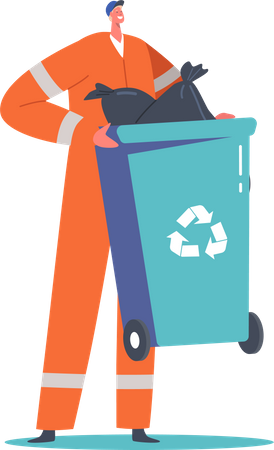 Conserje con papelera de reciclaje para clasificar residuos  Ilustración