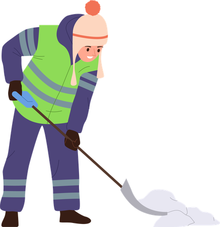 Conserje en uniforme paleando nieve de la carretera de limpieza de calles después del invierno  Ilustración
