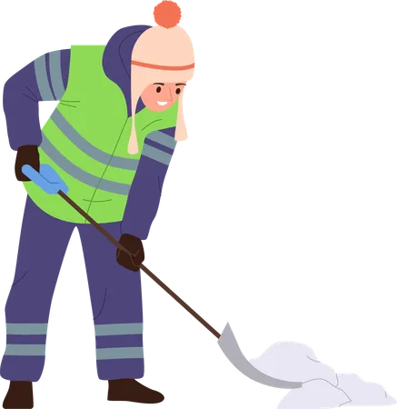 Conserje en uniforme paleando nieve de la carretera de limpieza de calles después del invierno  Ilustración