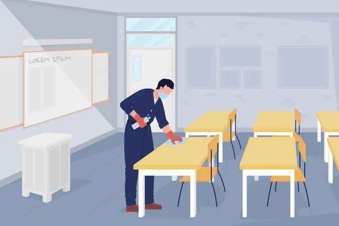 Conserje escolar desinfectando aulas después de la pandemia de coronavirus  Ilustración