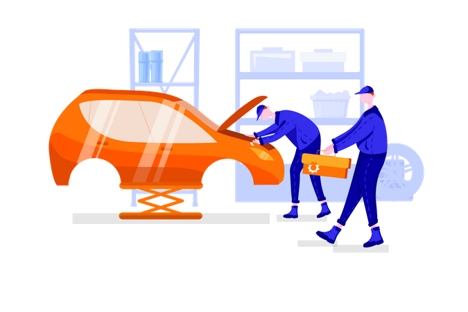 Reparação de carros na garagem pelo trabalhador  Ilustração