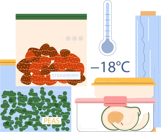 Conservación de frutas y verduras en congelador.  Ilustración