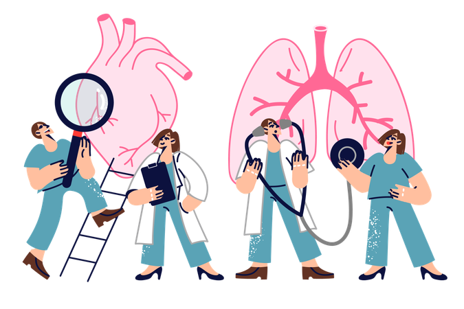 Consilium doctors examining patient giant heart and lungs to look for symptoms of disease  Illustration