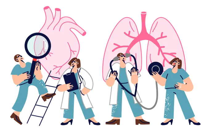 Consilium doctors examining patient giant heart and lungs to look for symptoms of disease  Illustration