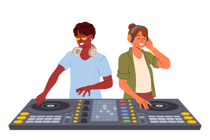 Deux DJ utilisent une console de mixage pour divertir les visiteurs d'une discothèque en discothèque  Illustration