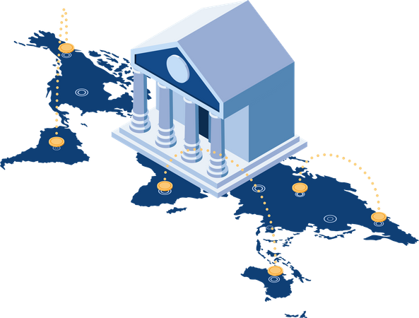 Banco construindo no mapa mundial com transferência global de dinheiro  Ilustração