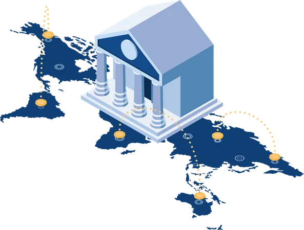 Banco construindo no mapa mundial com transferência global de dinheiro  Ilustração