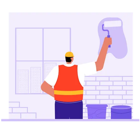 Hombre de la construcción pintando paredes  Ilustración