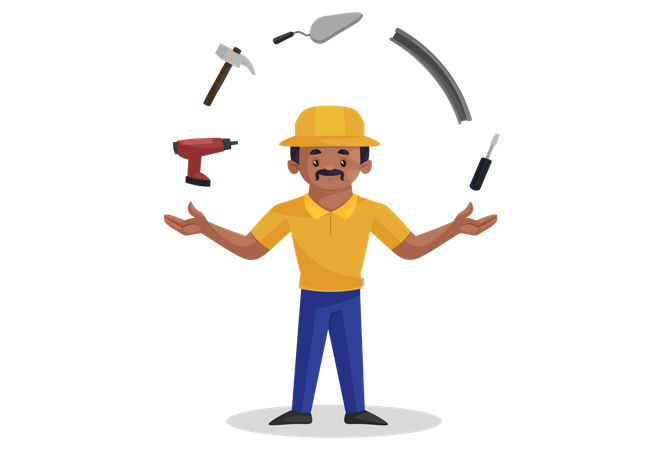 Constructeur indien montrant ses outils de construction  Illustration