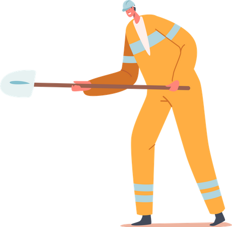 Constructeur portant une combinaison de sécurité tenant une pelle sur le chantier de construction  Illustration