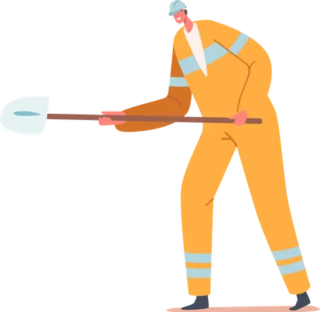 Constructeur portant une combinaison de sécurité tenant une pelle sur le chantier de construction  Illustration