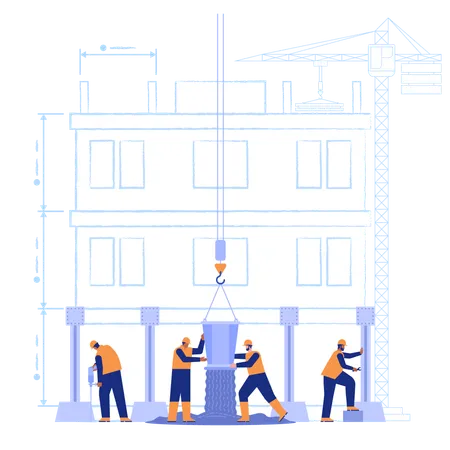 Des ouvriers coulent du béton et assemblent une structure métallique  Illustration