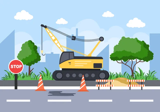 Construction Of Building Vector Illustration Architecture Makes Foundation Pours Concrete Excavator Digs Use Machine Digging Hole And Tower Cranes Real Estate Cartoon Business イラスト