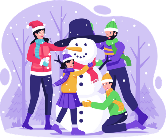 Bonhomme de neige de construction de famille heureuse  Illustration