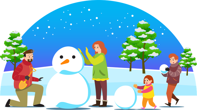 Famille construisant un bonhomme de neige ensemble  Illustration