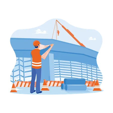 Construction Engineer Holding Construction Plans At Construction Site  Illustration