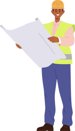 Construction engineer holding project blueprint  Illustration