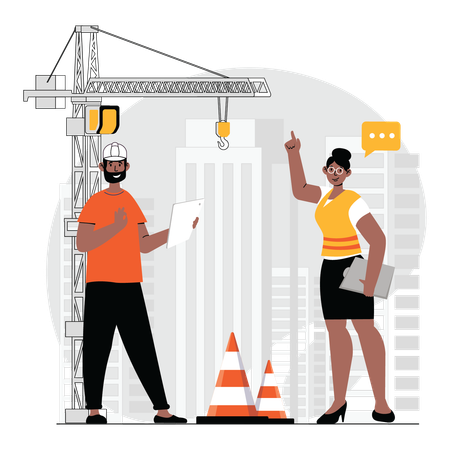 Construction engineer holding project plan and working on it  Illustration