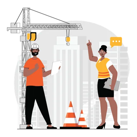 Construction engineer holding project plan and working on it  Illustration