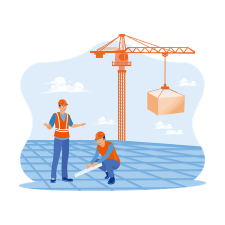 Construction Engineers And Workers On Roof Of New Concrete Floor  Illustration