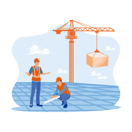 Construction Engineers And Workers On Roof Of New Concrete Floor  Illustration