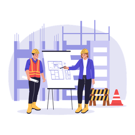 Construction Engineers Discussing Blueprint  Illustration