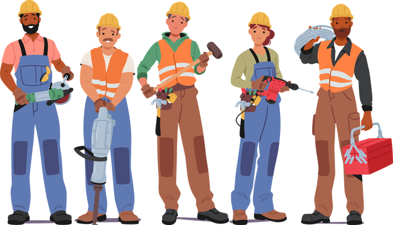 Construction Male And Female Stand In Row With Hammer, Drill, Toolbox, Grinder Tool And Wires  Illustration