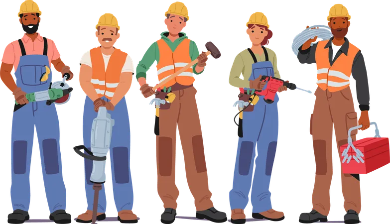 Construction Male And Female Stand In Row With Hammer, Drill, Toolbox, Grinder Tool And Wires  Illustration