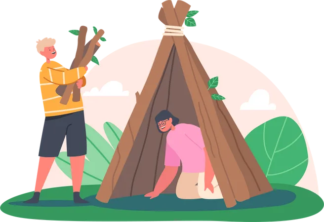 Enfants construisant une cabane de branches d'arbres  Illustration