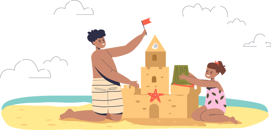 Enfants construisant un château de sable à la plage  Illustration