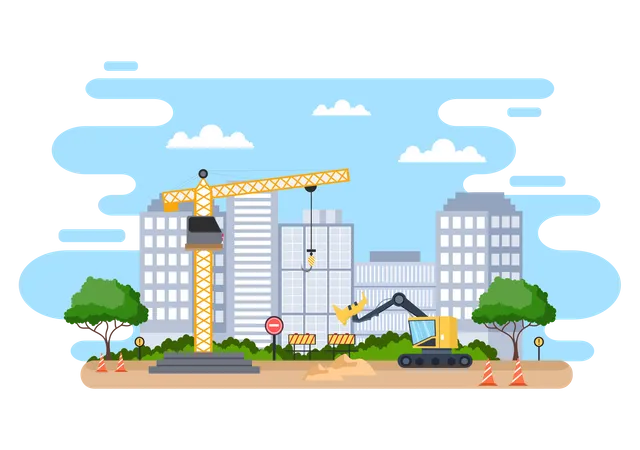 Construction Of Building Vector Illustration Architecture Makes Foundation Pours Concrete Excavator Digs Use Machine Digging Hole And Tower Cranes Real Estate Cartoon Business Illustration