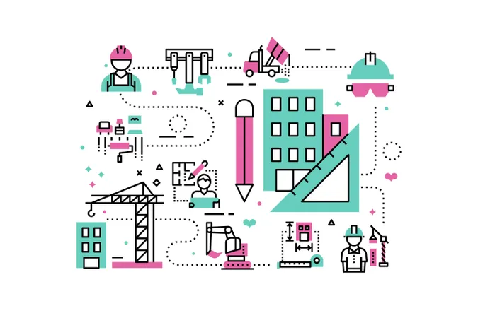 Construction project line icons illustration  Illustration