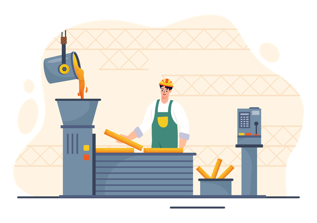 Construction rods are kept on conveyor belt  Illustration