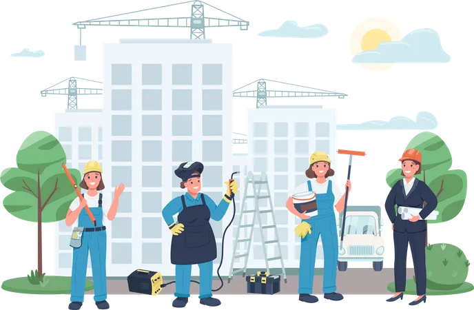 Construction site female workers Illustration