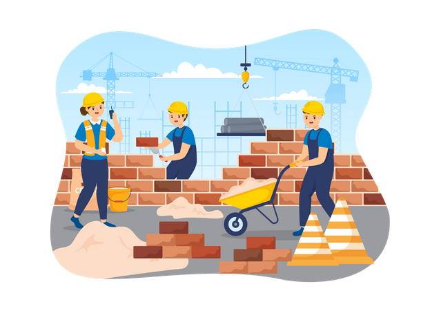 Construction site labor building brick wall  イラスト