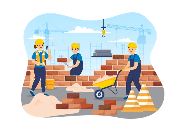 Bricklayer Worker Illustration With People Construction And Laying Bricks For Building A Wall In Flat Cartoon Hand Drawn Landing Page Templates 일러스트레이션