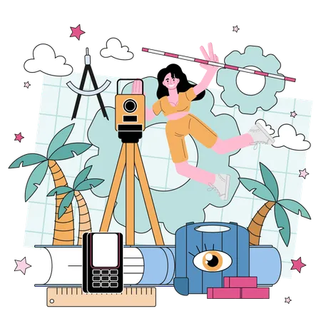 Construction Site Surveyor Concept Cadastral Engineer Making Geodetic Measurements And Guiding Real Estate Project Flat Vector Illustration Illustration