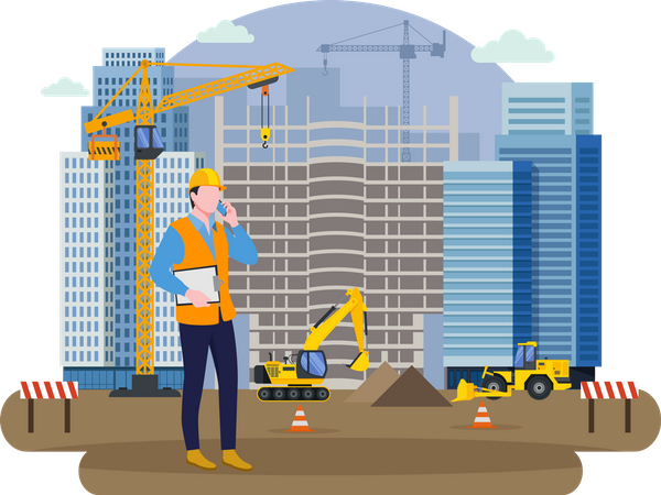 Construction site worker chatting on phone  Illustration