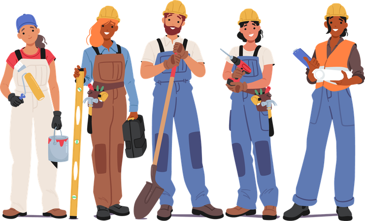 Construction Team standing with construction tool  Illustration