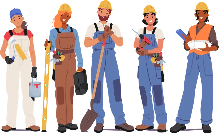 Construction Team standing with construction tool  Illustration