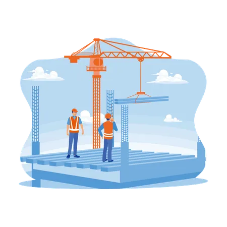 Construction Team Working With Crane Machine Lifting Structural Steel Beams At Construction Site  Illustration