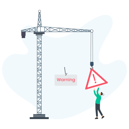 Construction warning sign being lifted by crane with worried worker  Illustration