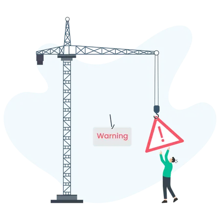 Construction warning sign being lifted by crane with worried worker  Illustration