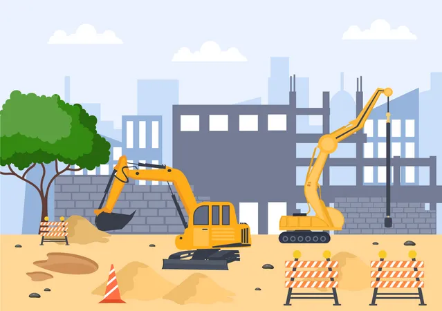 Construction Of Building Vector Illustration Architecture Makes Foundation Pours Concrete Excavator Digs Use Machine Digging Hole And Tower Cranes Real Estate Cartoon Business Illustration